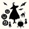 Witch, pumpkin lantern, cat, cauldron and bat stencil