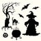 Witch, pumpkin lantern, tree, cat, cauldron and bat stencil