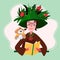 Witch is reading book. Magical woman in big hat with leaves and flowers conjures. Sorceress with wizard owl look in the