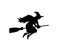 Witch rides a broomstick in flight vector silhouette illustration isolated on white.