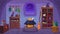 Witch room. Witches interior inside magic house or horror cellar indoors mystery castle, cartoon wizard home scary