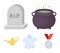 A witch`s cauldron, a tombstone, a ghost, a gin lamp.Black and white magic set collection icons in cartoon style vector