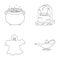 A witch`s cauldron, a tombstone, a ghost, a gin lamp.Black and white magic set collection icons in outline style vector