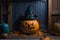 A witch's hat and broomstick propped against a creaky wooden door, signaling a Halloween party within. The door is