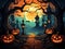 A witch\\\'s house in a scary gloomy dark forest with trees and Halloween pumpkins, against the background of the night sky