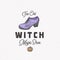 Witch Shoe Halloween Logo or Label Template. Hand Drawn Colorful Boot and Pumpkin Sketch Symbol with Retro Typography