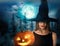 Witch with spooky Jack O Lantern pumpkin and misty forest under moon on Halloween