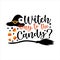 Witch Way To The Candy?- funny slogan for Halloween, with broom candys, and witch`s hat.