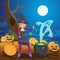 Witch in Wood Preparing Potion Vector Illustration. Cartoon Character. Cast Iron Pot with Boiling Brew. Halloween Night Party,