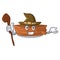 Witch wooden boat sail at sea character