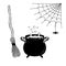 Witchcraft concept with cauldron, broom and spider web. Mystic halloween sketch. Isolated vector illustration