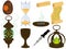 Witchcraft and magic items collection, goblet and dagger, scroll with spells, sandglass, censer