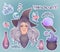 Witchcraft set. Pretty witch in magic hat, ouija planchette , cauldron, crystal ball, poison bottle, herbs and flowers