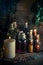 A witchery stuff: multiple tincture bottles, bunches of dry healthy herbs, stack of ancient ritual books, amulets, candles...