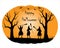 Witches dance with brooms. Halloween coven. Black silhouettes of women and trees on orange background in pumpkin shape