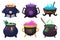 Witchs boiling cauldrons. Halloween smoke boiler, witch cauldron for cooking brew magic potion, wizards pot with purple