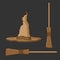 A witchs hat and a broom. Set for Halloween. Vector illustration