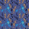 Witchy dark background of a night meadow. Seamless floral pattern with moons and stars