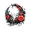 Witchy Dark Gothic Black Crescent with Red Roses Dark Fantasy Gardening Watercolor Clipart