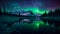 Witness the awe-inspiring phenomenon as the vibrant colors of the aurora borealis are mirrored in the still waters below, The