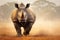 Witness the awe-inspiring sight of a rhinoceros running with grace and power through a vast expanse of dry grass., Rhino, Wildlife