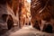 Witness the breathtaking beauty of a narrow slot nestled along the side of a majestic canyon, The Siq in Petra, Jordan, AI