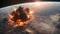 Witness a colossal explosion of smoke and flames erupting over the burning Earth from outer space, Flying over an uncharted