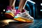 Witness the dynamism of sporty feet in trainers up close, actively working on exercise equipment