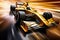 Witness the exhilarating sight of a yellow race car as it speeds through the air with incredible velocity, Formula one racing car
