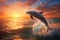 Witness a mesmerizing sight as a dolphin gracefully propels itself out of the glistening water against a stunning sunset backdrop