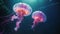 Witness the mesmerizing sight of a couple of jellyfish gracefully gliding through the vast expanse of the ocean, Two jellyfish