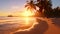 Witness a peaceful and captivating scene as the sun sets on a tropical beach, casting an ethereal glow over the serene waters, A