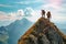 Witness the sheer triumph of these two individuals as they stand together atop a magnificent mountain peak, A brave hiker showing