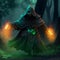 A wizard from future walking in forest with green aura