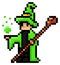Wizard or mage in green mantle and hat with staff, conjure, pixel game character, 2d style