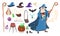 Wizard, magician, warlock, witch tools set, flat vector isolated illustration.