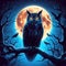 A wizard owl perches on a tree branch, infront of a full moon night, realistic fantasy, digital art