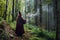 Wizard in a Red Robe Holding a Wand in a Forest