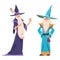 Wizards. Characters in robes costume and hats with silver beard. Old men hold magic stone. People isolated. Cartoon