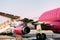 Wizzair plane on a takeoff strip at the airport. Close-up of an airplane wing and engine outside.