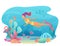 Woan snorkeling swims underwater with sea flora and fauna. Summer sport leisure. Female diving vector illustration.