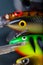 Wobbler, reel, fishing line in bright color