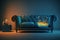 Wohndesign - Sofa vor Kamin blau,Octane Render ,hyperrealism, photorealism, photorealistic