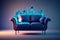 Wohndesign - Sofa vor Kamin blau,Octane Render ,hyperrealism, photorealism, photorealistic