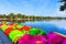 Wohrder See recreation area with brightly colored pedal boats, Nuremberg