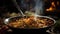 A wok bowl of food being stirred with a spoon, AI