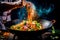 Wok full of food being stirred by person with spatula. Generative AI