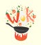 Wok logo for thai or chinese restaurant. Stir fry with edible letters. Cooking process vector illustration.