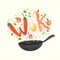 Wok logo for thai or chinese restaurant. Stir fry with edible letters. Cooking process vector illustration. Flipping Asian food