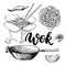 Wok vector drawing with lettering. Isolated chinese box, wok and